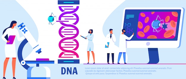 벡터 dna 연구 현미경으로 작업하는 여자.