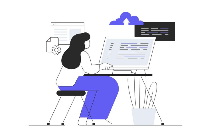 Vector woman working with program languages doing tasks finding new solutions fixing bugs backend coding