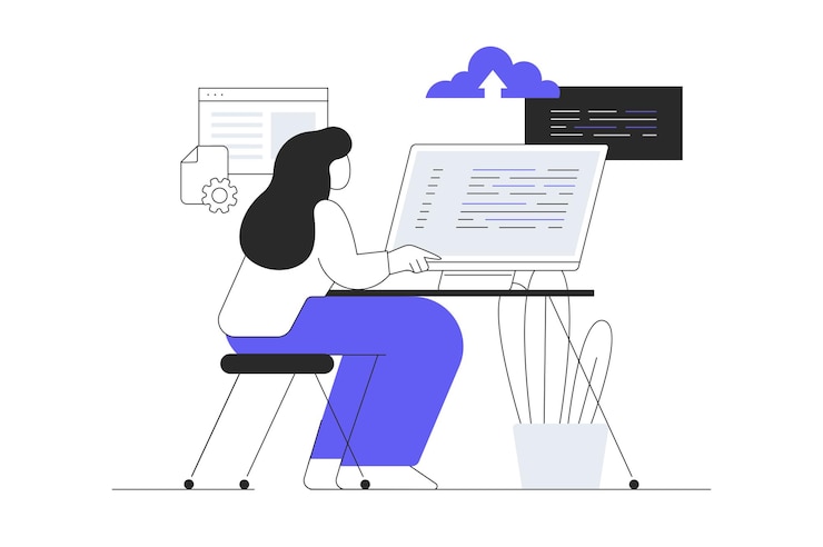 Vector woman working with program languages doing tasks finding new solutions fixing bugs backend coding