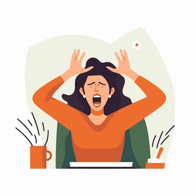 Woman in a workplace setting covering her ears and screaming out of anger Vector illustration