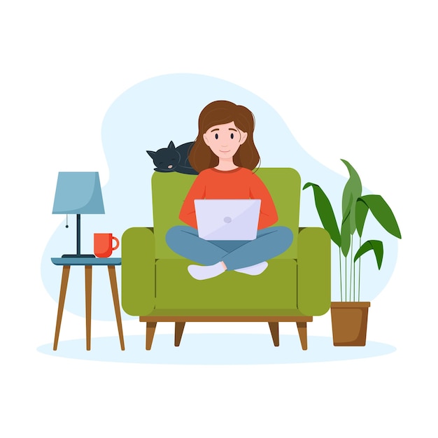 A woman works on a laptop on an armchair work from home concept freelance