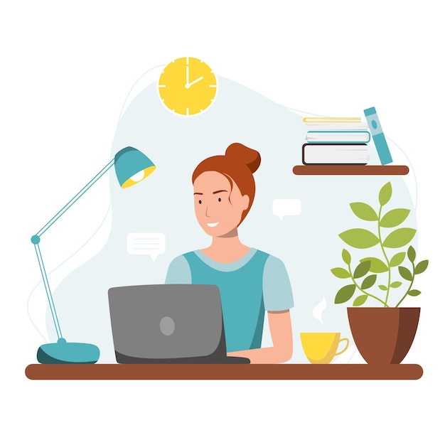 Woman works remotely with laptop Girl with ginger hair at desk with lamp coffee plant and books