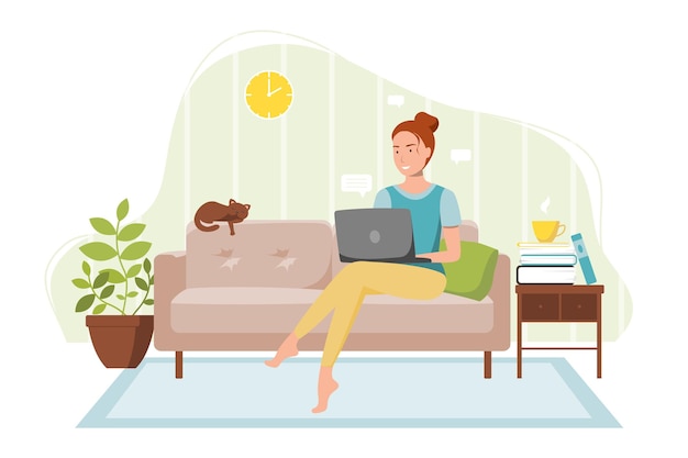 Vector woman works remotely with laptop on sofa in a home interior with pet cat freelance study concept