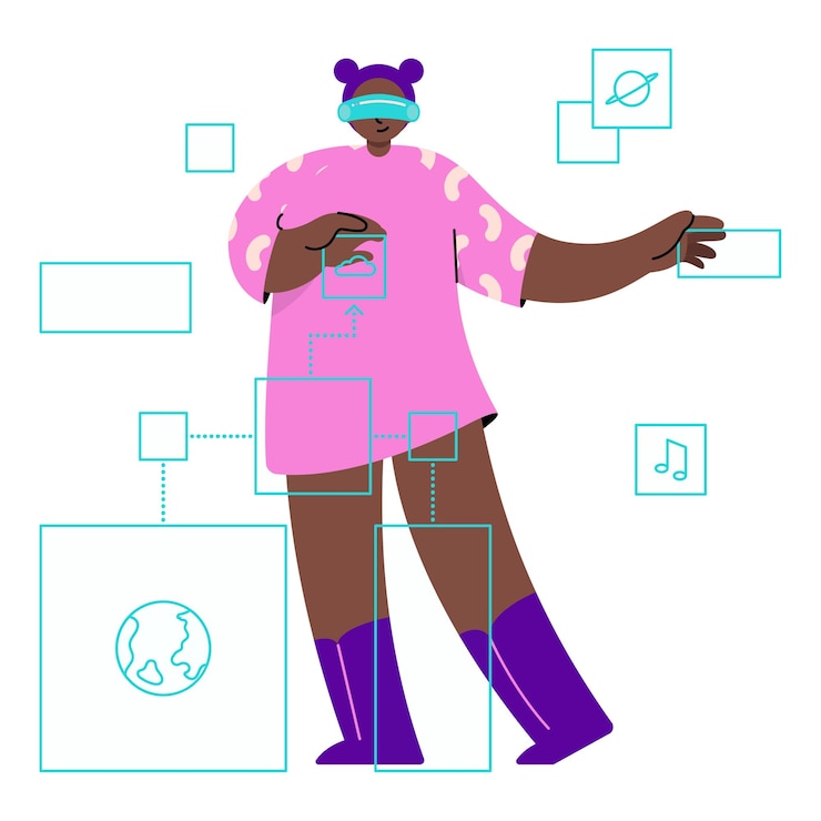 Vector woman works in virtual reality