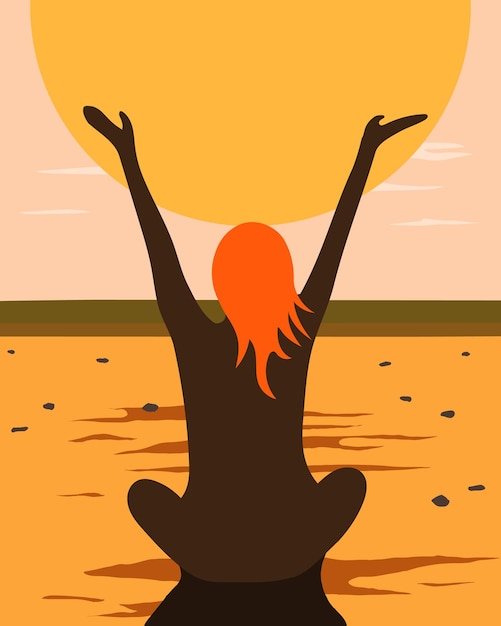 Vector woman worshiping the sun at sunset on the beach