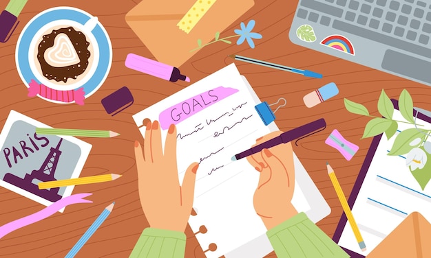 女性は日記に書きます手と日記を書くアイデアとペンでメモ帳に計画します紙の本で目標を整理するto doリスト学生はまともなベクトルシーンを記録します