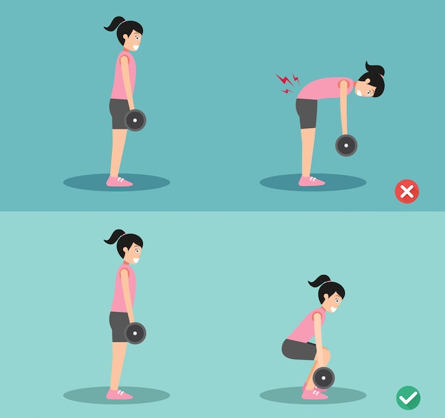 Vettore posizione sbagliata e giusta del deadlift della donna, illustrazione