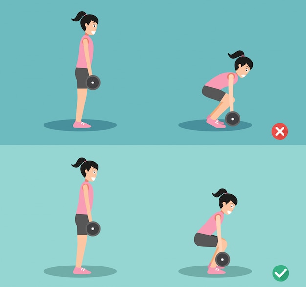 Vector woman wrong and right deadlift posture