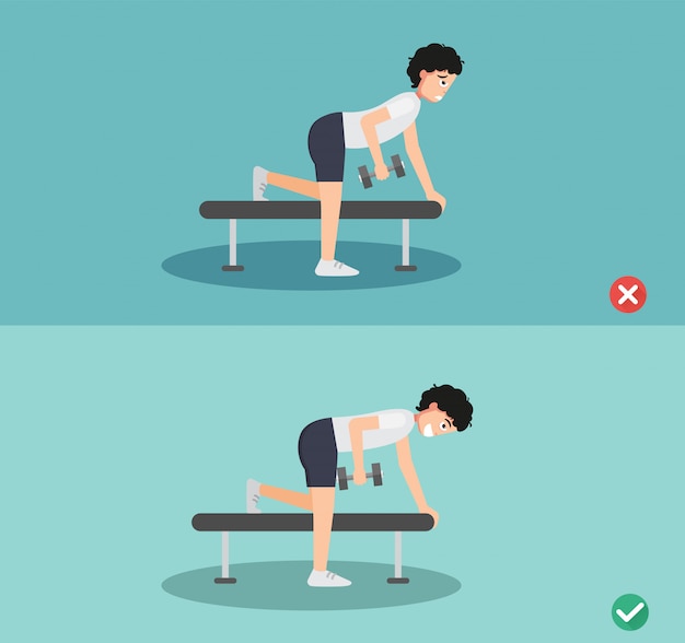 Woman wrong and right one arm dumbbell row posture