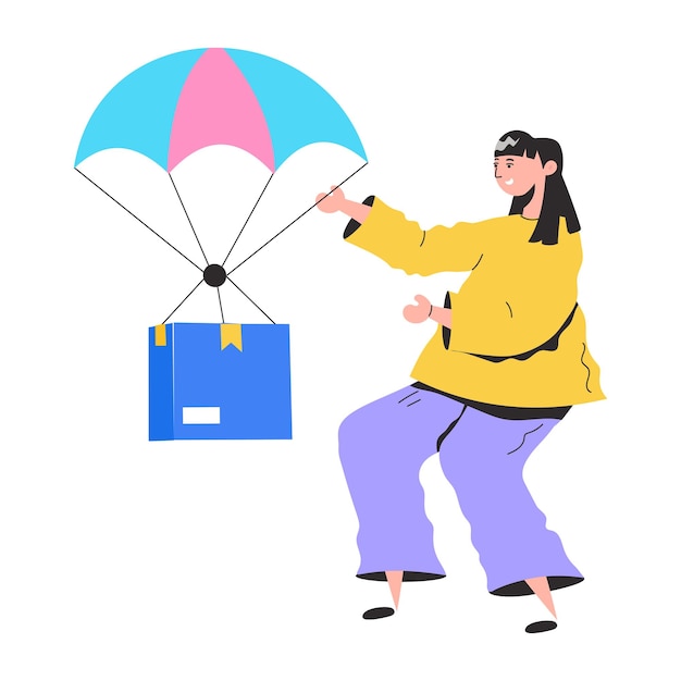 Una donna con una giacca gialla sta per lanciare un paracadute con un pacco.