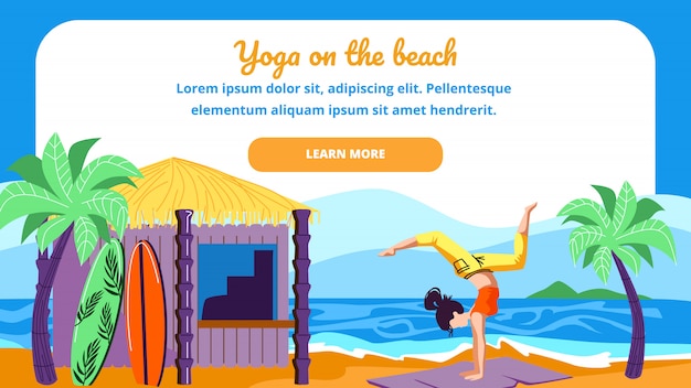 Vettore donna nella posa di asana di yoga dello scorpione sulla spiaggia del mare