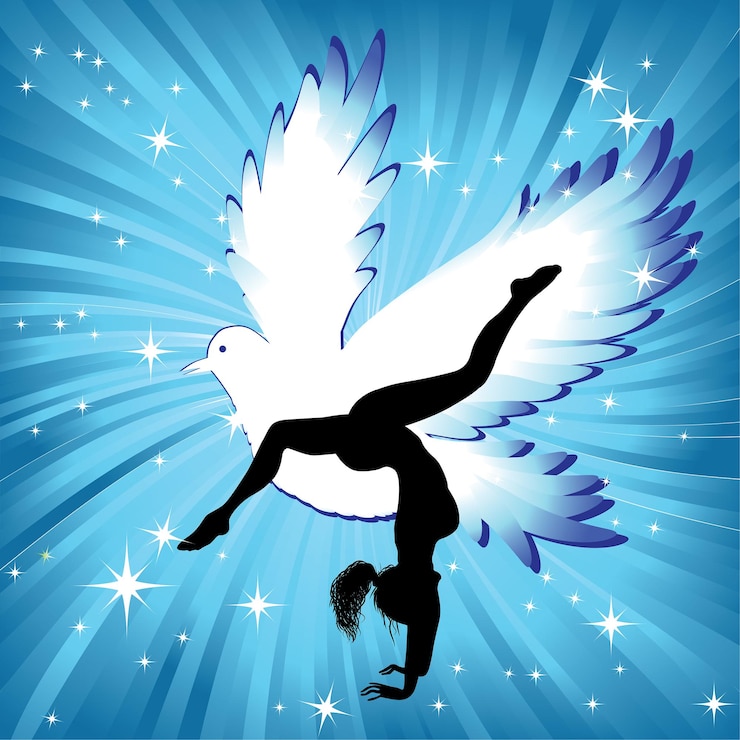 Vector woman in yoga bird asana sport on wave background girl silhouette pose energy medici