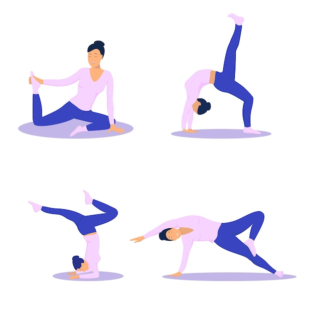 Donna in pose yoga illustrazione vettoriale in stile cartone animato