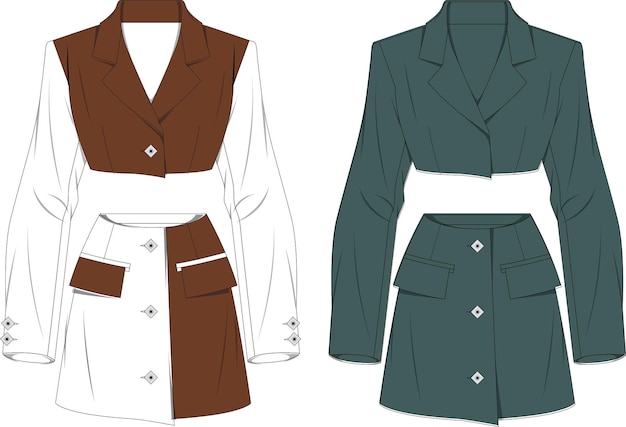 Vector womans elegant suit crop jacket and skirt tech pack vector template