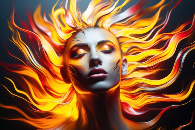 A womans face with flames coming out of her hair