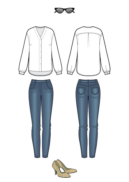 Vector womans fashion look with blouse and jeans