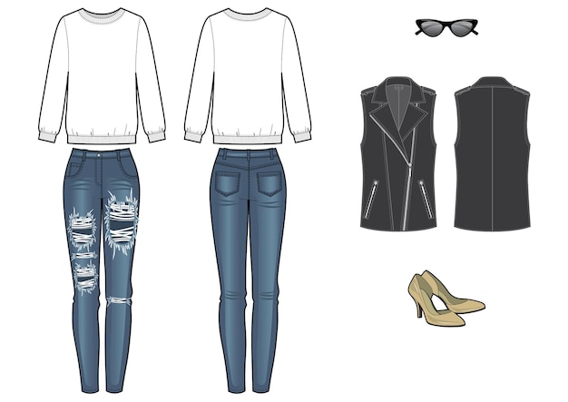 Vector womans fashion look with sweetshirt and jeans