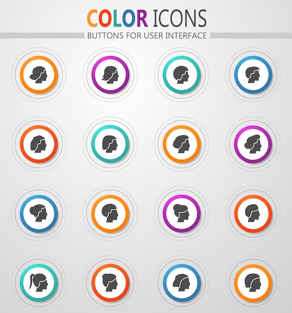 Womans hairstyles icons on round white buttons with color strokes