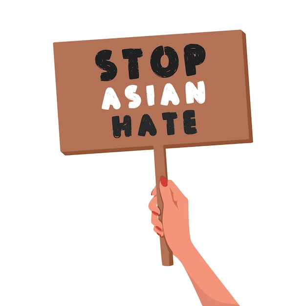한 여성의 손에는 아시아 혐오를 중지하라는 문구가 적힌 포스터가 있습니다.