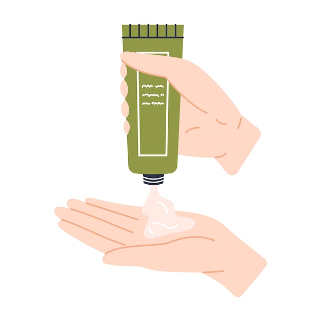 Womans hand squeezing cream from a green tube onto a palm Vector skincare illustration Girl using hand cream Daily cosmetic