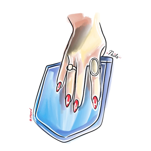 La mano della donna con le unghie lunghe in una tasca dei jeans alla moda per il design delle unghie