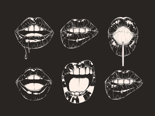 Womans lip gestures set Black and white girls mouths close up different emotions Vector