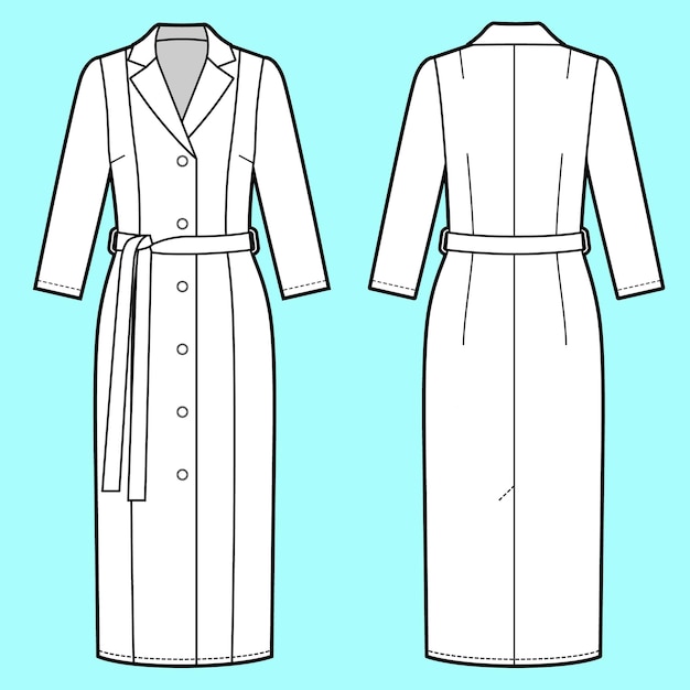 Womans medical white dress technical sketch on blue background