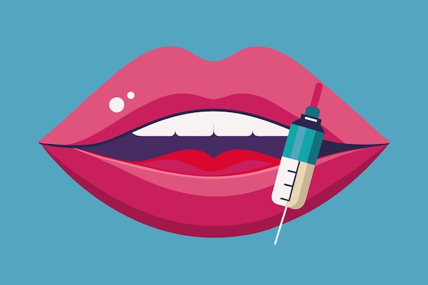 Vector a womans mouth with a needle protruding from it illustrating lip filler injection procedure lip filler customizable flat illustration