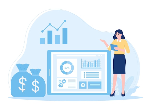 women analyze data graphs of growth and money earnings concept flat illustration