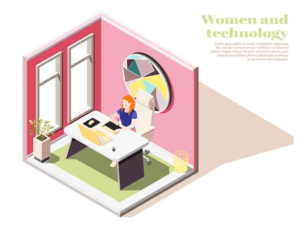オフィスのインテリアの職場で若い女の子と女性と技術の等尺性構成