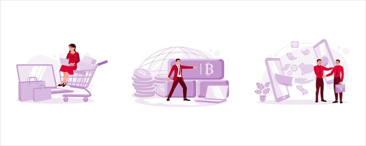 Vector women are sitting on trolleys and shopping online businessman pressing bitcoin symbol and icon