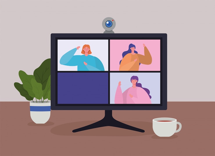 Vector ビデオチャットでコンピューター上の女性アバター