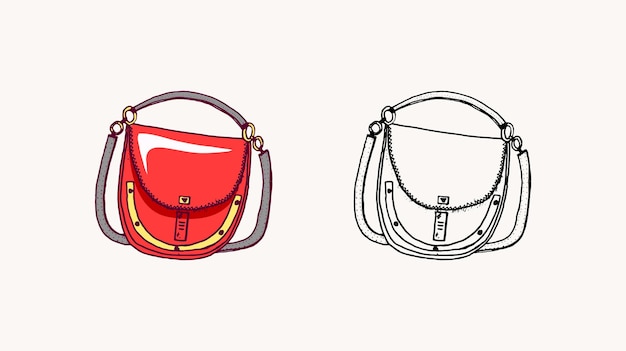 Illustrazione disegnata a mano degli accessori di moda di scarabocchio di stile dell'annata della borsa delle donne