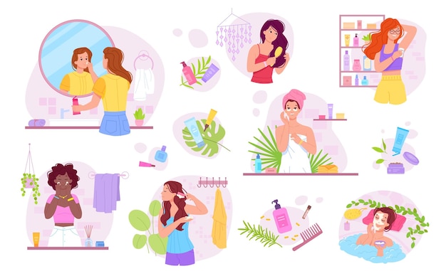 Women bathroom routine Woman morning lifestyle face hydration hair moisturisation shampooing girl use armpit deodorant spa natural skincare scrub oil swanky vector illustration of bathroom woman