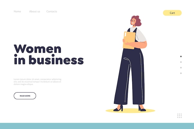 성공적인 사업가가 문서 폴더를 들고 있는 방문 페이지의 비즈니스 개념에 있는 여성