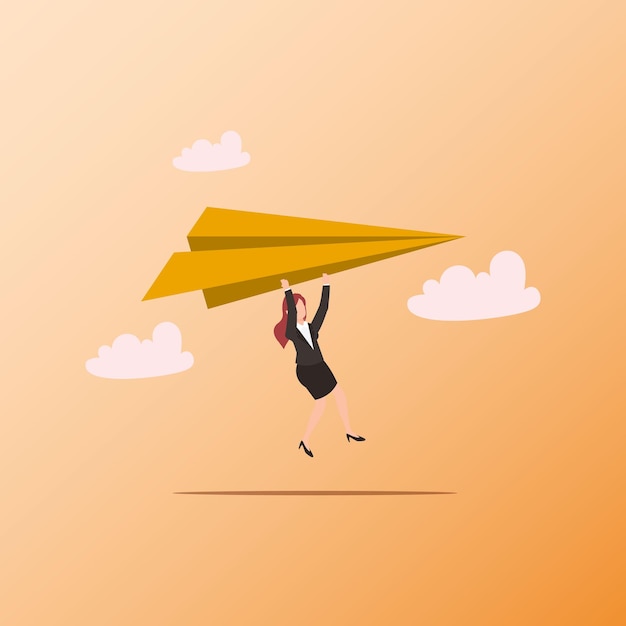women business fly paper plane to goals