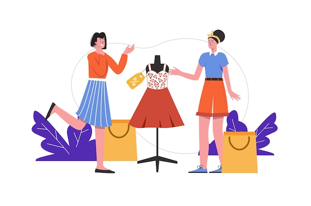 Le donne comprano insieme i vestiti in negozio. gli acquirenti stanno vicino al manichino vestito alla moda, scena della gente isolata. shopping, consumismo, acquisto al concetto di negozio. illustrazione vettoriale in design piatto minimal