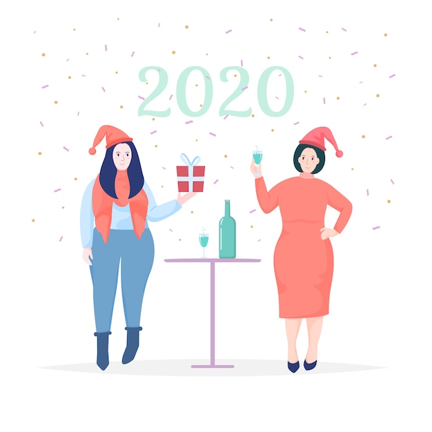 Women celebrating new year 2020 greeting card