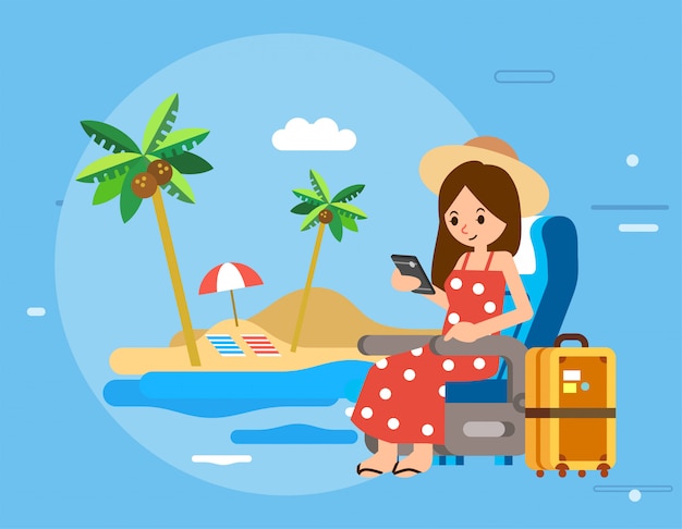 벡터 여자 캐릭터 스마트 폰을 들고, 교통 의자에 앉아 해변으로 휴가를가는 옆에 가방과 그림으로 해변