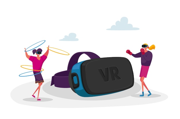 Vector women characters in vr goggles boxing fighting and exercising with hoops