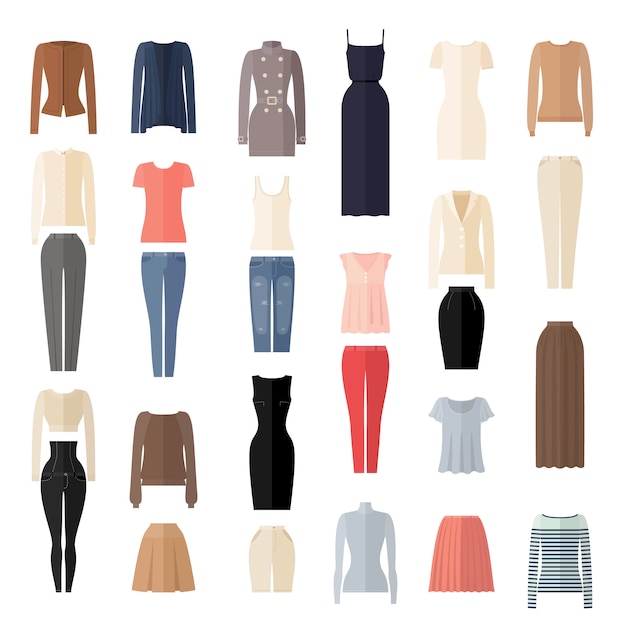 Women Clothes Icons Set in Flat style.