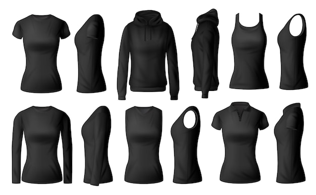 Abbigliamento donna isolato magliette nere polo, felpa con cappuccio e camicie a maniche lunghe con mockup di abbigliamento singoletto. indumento femminile realistico 3d, biancheria intima