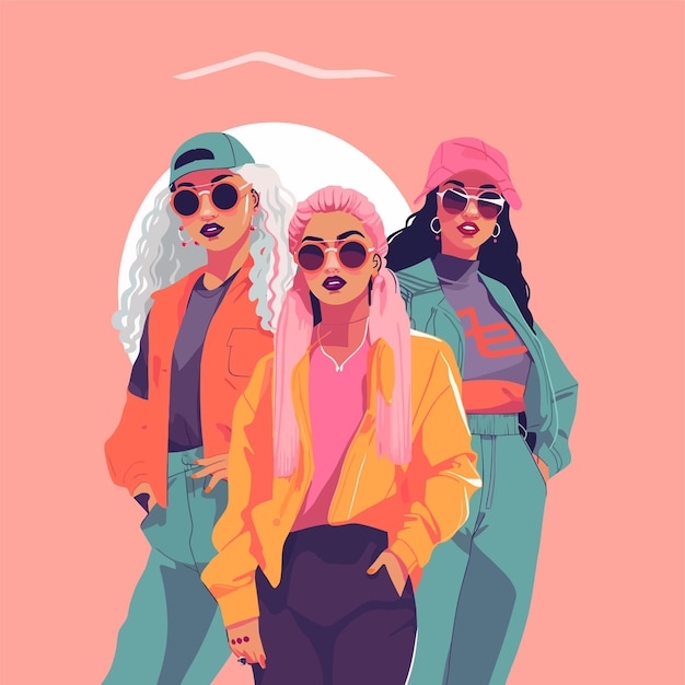 Vector women colorfull summer illustration group of girls doing sport girl holidays