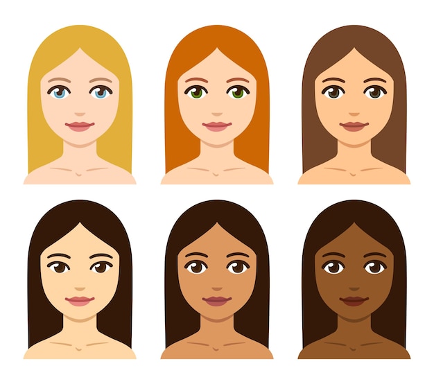 Women complexion skin and hair color variety