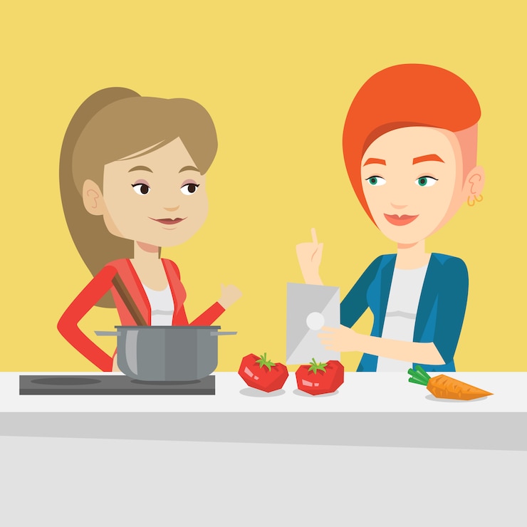 Vector women cooking healthy vegetable meal.