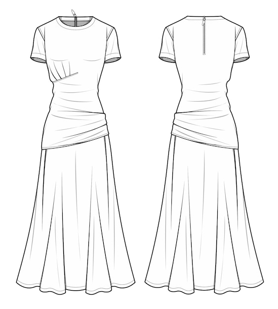 Women crew neck short sleeve full skirt maxi dress flat sketch front and back view template