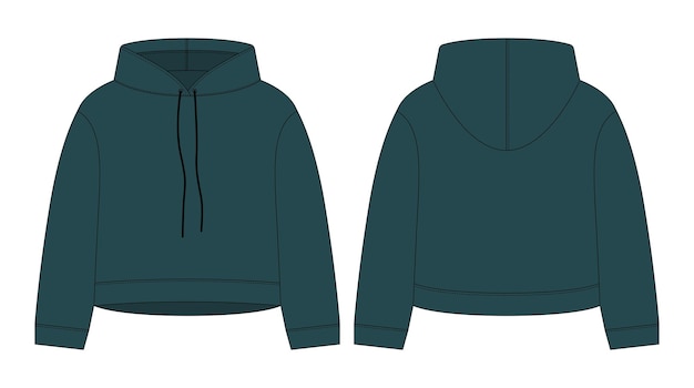 Vector women crop hoodie technical sketch dark green color cad mockup template hoody