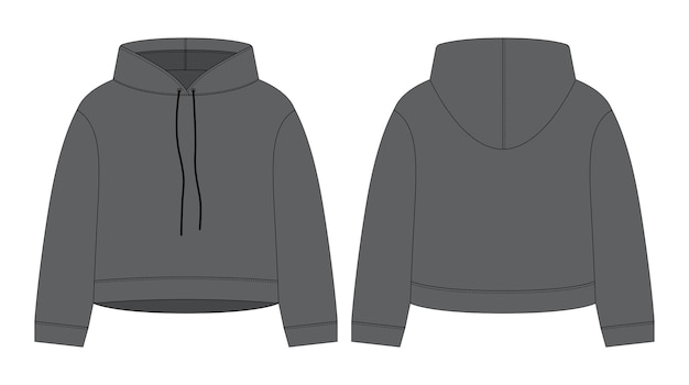 Vector women crop hoodie technical sketch dark grey color cad mockup template hoody