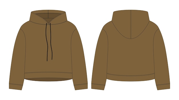 Vector women crop hoodie technical sketch olive color cad mockup template hoody drawing kids clothes back and front view vector design for packaging fashion catalog