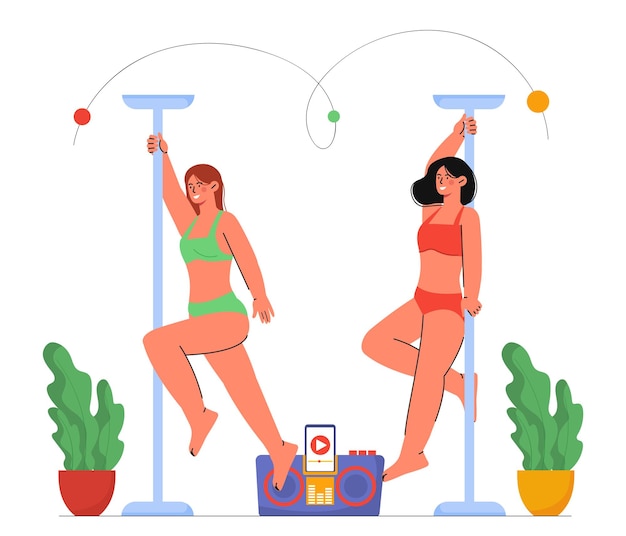 Vector women dance striptease concept young girls near pole pole dancers in red and greem swimsuits or